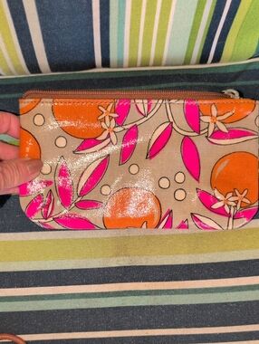 Vintage - Fossil Key-Per Fruit Coated Canvas Wristlet in Beige, Pink & Orange